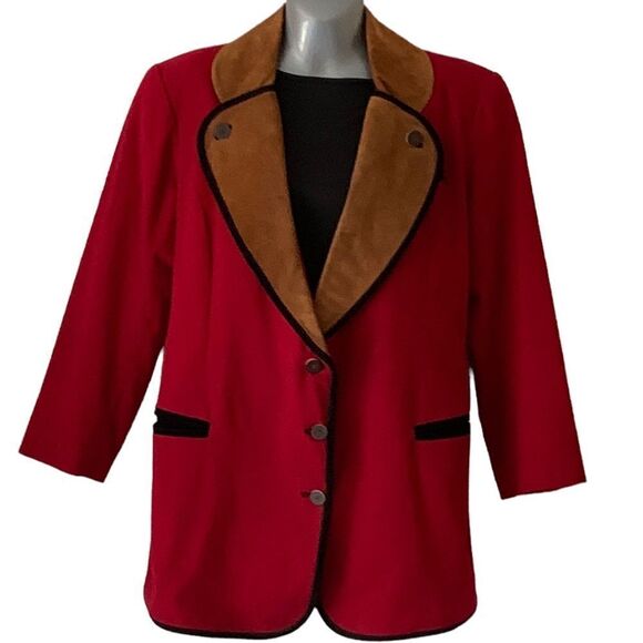 Ruff Hewn Crimson Red Jacket with Suede Lapels Vintage Size Small - Picture 1 of 9